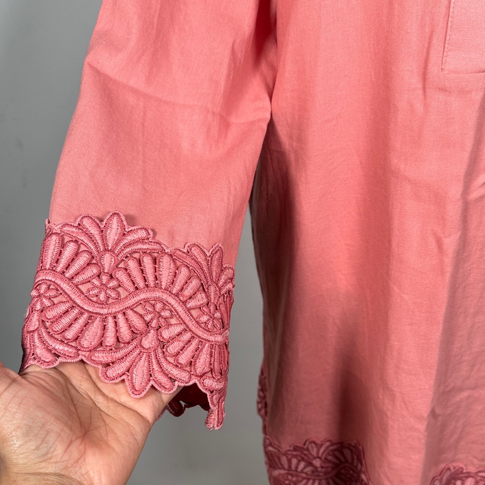 Anne Klein Linen Blend Tunic Coral Long Sleeve Pullover Embroidered Size L - Picture 7 of 10